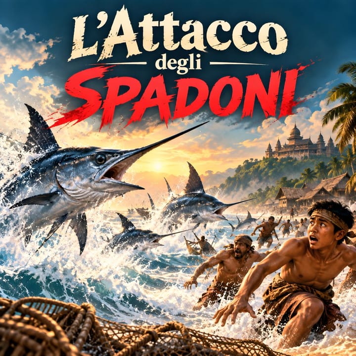 Illustrazione dell'attacco dei pesci spada sulla spiaggia di Temasek, antica Singapore: pescatori in fuga, capanne e un palazzo reale sullo sfondo, copertina di Storie e Leggende dal Mondo.