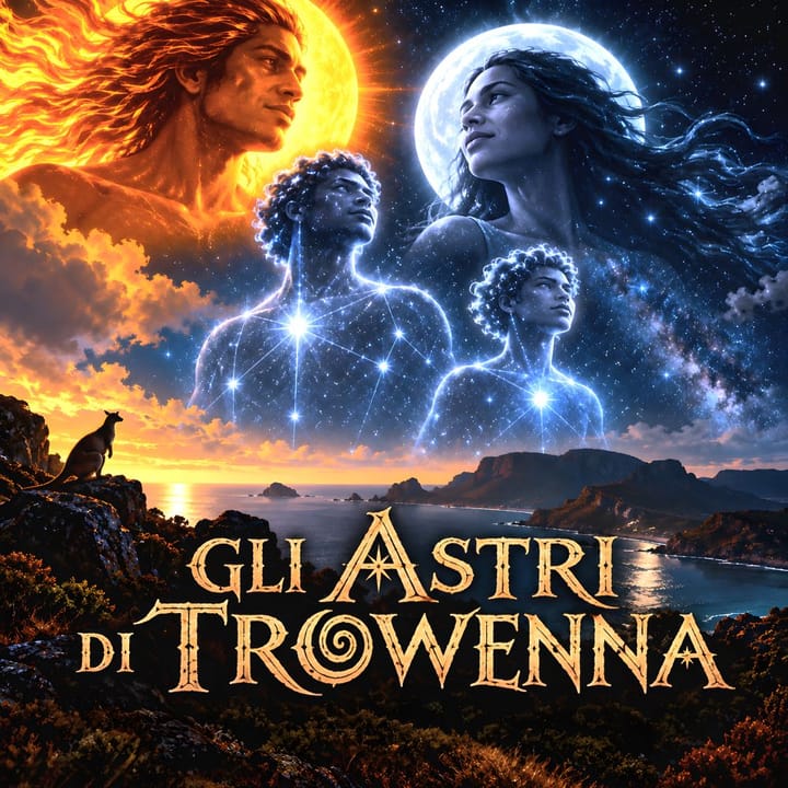 Copertina: il Sole e la Luna come figure umane nel cielo, due figure di stelle sotto di loro, un canguro su una roccia e la costa della Tasmania al tramonto. Titolo: Gli astri di Trowenna.