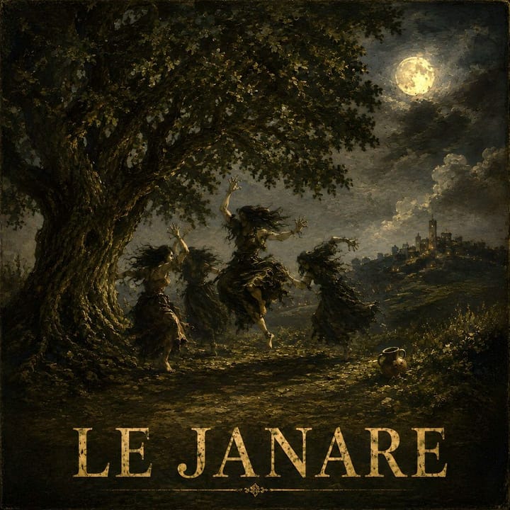 Illustrazione pittorica di streghe che danzano sotto un albero di notte, con luna piena e un borgo in lontananza. Copertina del podcast "Storie e Leggende dal Mondo", sulle Janare.