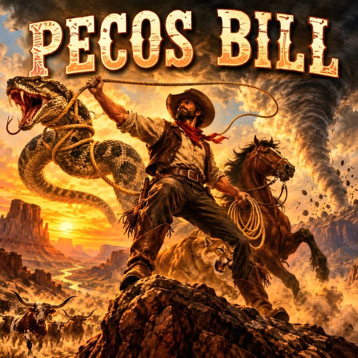 Pecos Bill, cowboy leggendario del West americano doma un puma e un serpente a sonagli usato come lazo, con tornado e mandria di longhorn sullo sfondo al tramonto nel deserto del Texas.