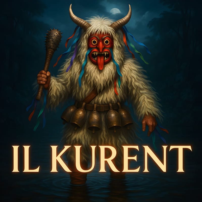Kurent, figura mascherata slovena con campanacci e pelli, simbolo di rito e rinascita stagionale.