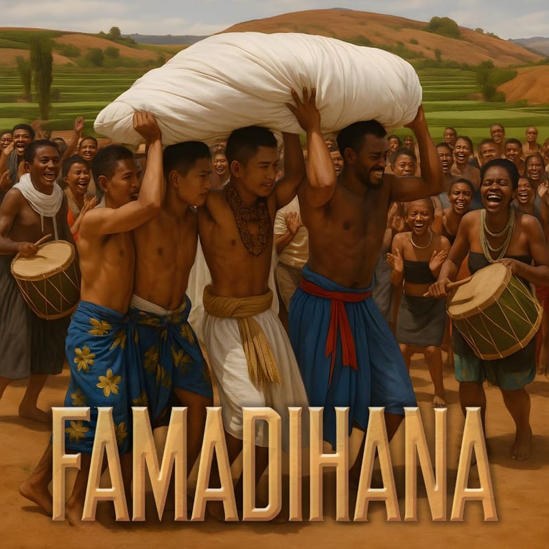Persone in Madagascar che celebrano il Famadihana, la tradizione di danzare con gli antenati avvolti in sudari bianchi.