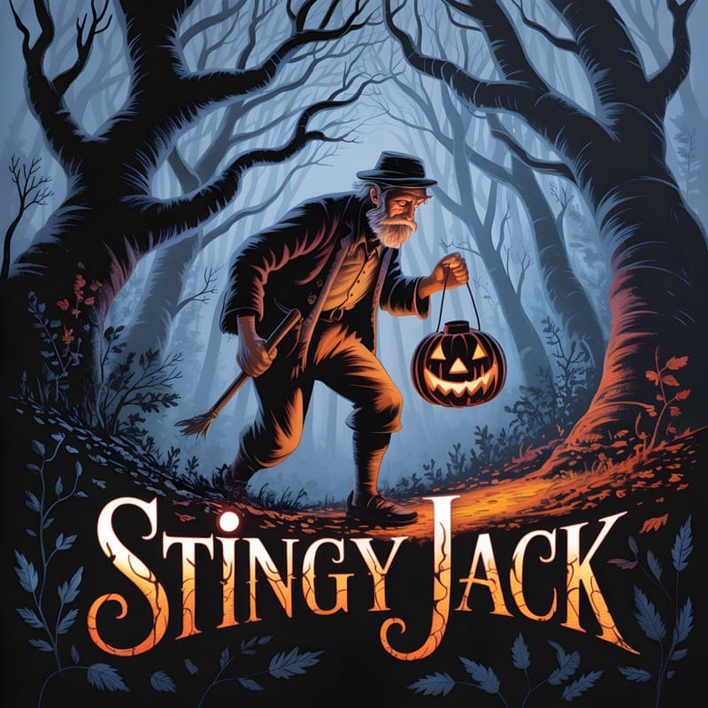 Stingy Jack che cammina in una foresta oscura con una lanterna a forma di zucca accesa, tra alberi contorti e luce crepuscolare ispirata alle leggende irlandesi di Halloween.