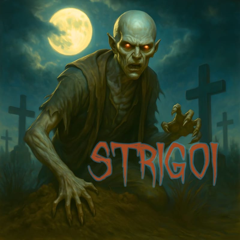 Figura inquietante ispirata alla leggenda degli Strigoi, con pelle pallida e occhi rossi, che emerge da una tomba in un cimitero illuminato dalla luna piena.