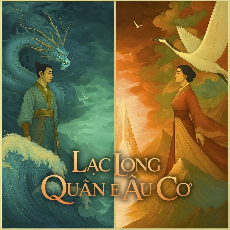 Illustrazione ispirata alla leggenda vietnamita di Lạc Long Quân e Âu Cơ, con il drago del mare e la dea delle montagne, simboli dell’unione tra acqua e terra.