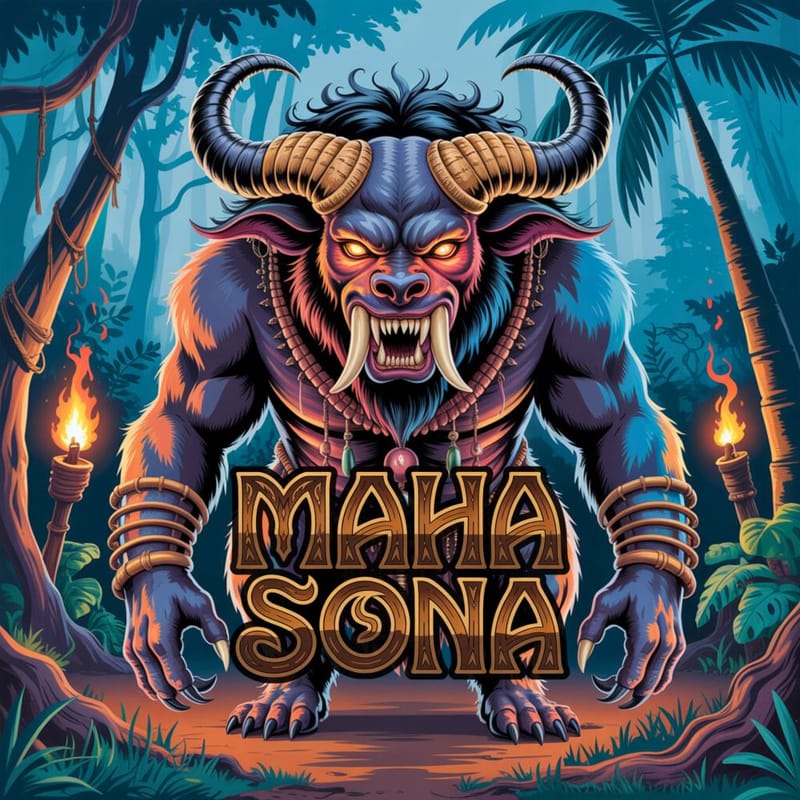 Maha Sona, figura del folklore singalese, con tratti mostruosi e atmosfera rurale dello Sri Lanka.