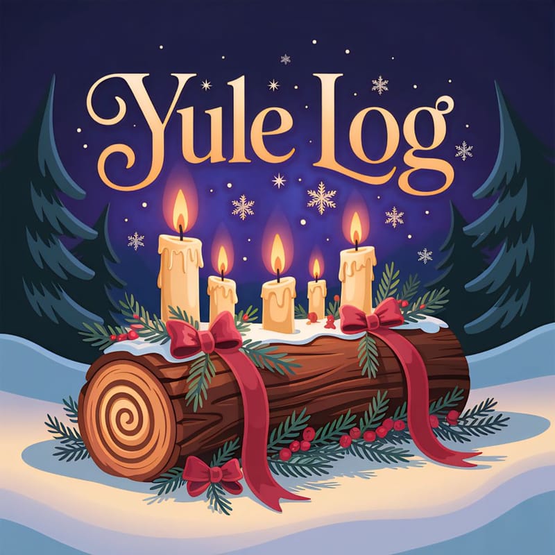 Yule Log decorato con candele accese, rami sempreverdi e nastri rossi, appoggiato sulla neve in un paesaggio invernale notturno.