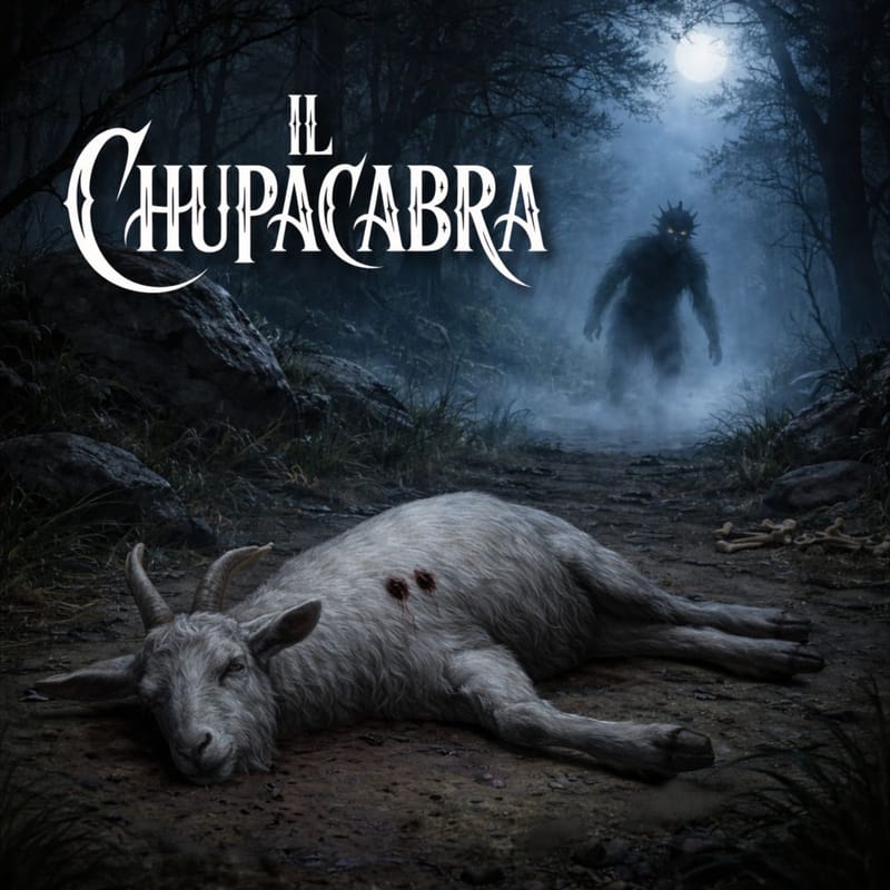 Rappresentazione del Chupacabra come creatura misteriosa in un ambiente notturno, con un animale a terra e l’ombra della figura che si allontana, evocando il folklore latinoamericano.