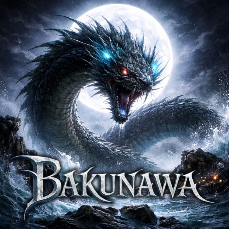 Il Bakunawa, drago serpentino della mitologia filippina, emerge dal mare in tempesta sotto la luna piena, con scaglie scure e occhi luminosi.