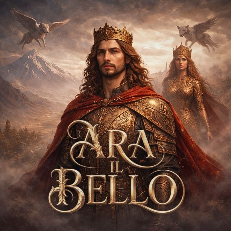 Raffigurazione epica di Ara il Bello con corona e mantello rosso, affiancato da una regina in armatura dorata e figure alate sullo sfondo montuoso dell’antica Armenia.