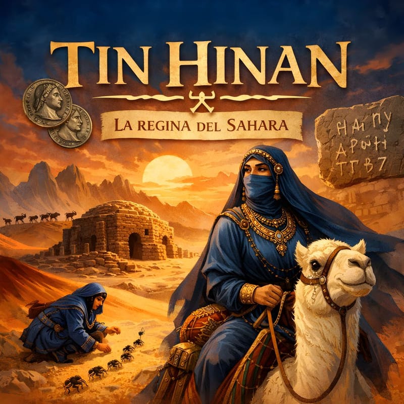 Tin Hinan velata nel deserto del Sahara al tramonto, accanto a un cammello e a un antico mausoleo in pietra, con dune e montagne sullo sfondo.