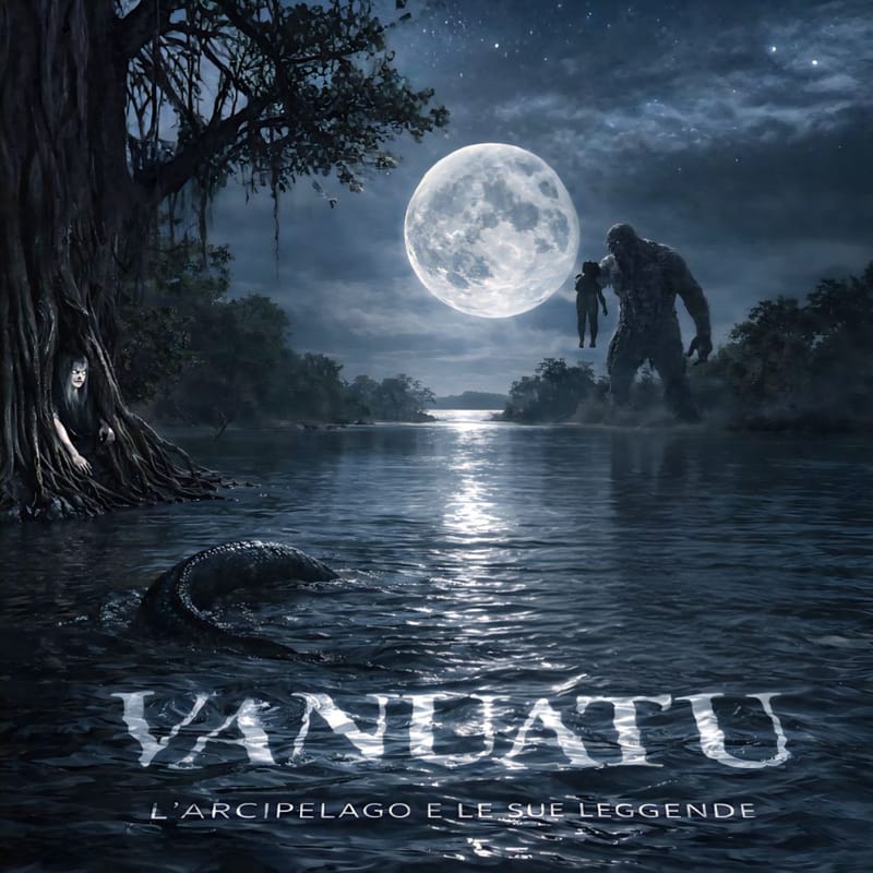 Scena notturna su un’isola di Vanuatu: luna piena sopra una laguna, sagoma di una creatura nell’acqua e figura imponente sullo sfondo tra foresta e villaggio.