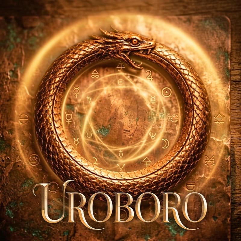 Illustrazione di un Uroboro dorato che morde la propria coda. Al centro, simboli alchemici luminosi e la scritta "UROBORO" in stile antico su fondo metallico ossidato.
