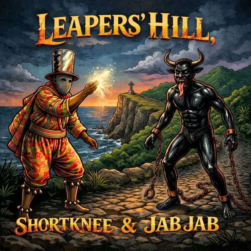 Illustrazione notturna della baia di Grenada con Leapers’ Hill sullo sfondo, figure ispirate a Shortknee e Jab Jab in primo piano e croce sulla scogliera.