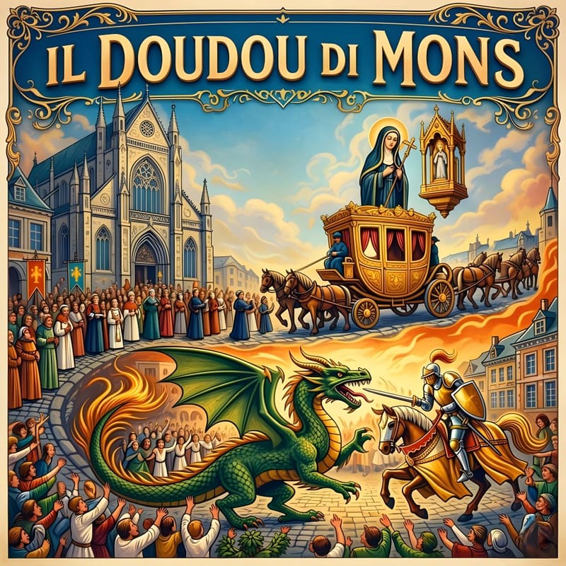 Copertina dell’episodio sul Doudou di Mons: la collegiata, il Car d’Or con Santa Waudru, San Giorgio a cavallo e il drago circondati dalla folla.