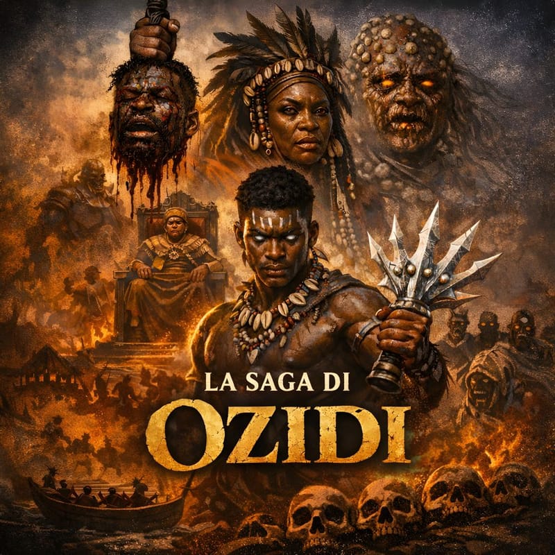 La Saga di Ozidi con l’eroe armato al centro, figure rituali e volti minacciosi sullo sfondo, tra fuoco, teschi e atmosfera epica africana.