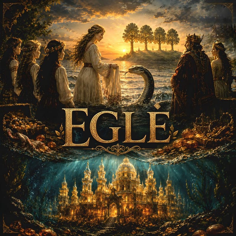 Copertina podcast Eglė, la regina dei serpenti: leggenda lituana tra riva del mare, un serpente e un palazzo sommerso nel Baltico.