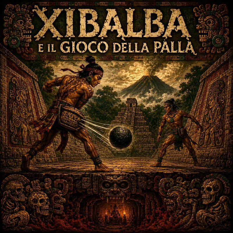 Illustrazione pittorica di due giocatori Maya di pelota davanti a un tempio e un vulcano fumante, bordo con teschi e glifi. Xibalba e il regno dei morti.