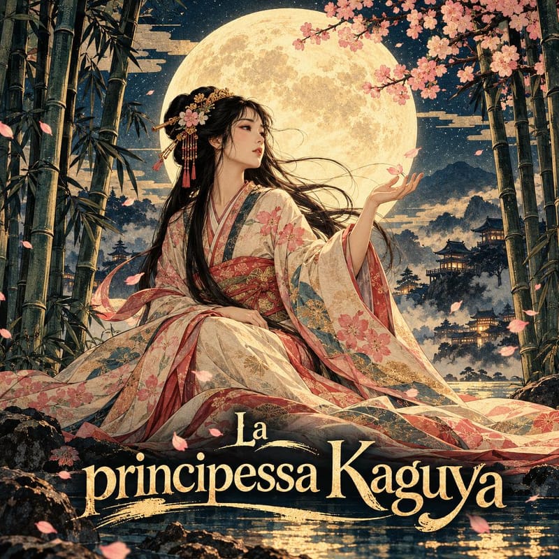 La principessa Kaguya, leggenda giapponese del Taketori Monogatari: donna in kimono sotto la luna piena in un bosco di bambù.