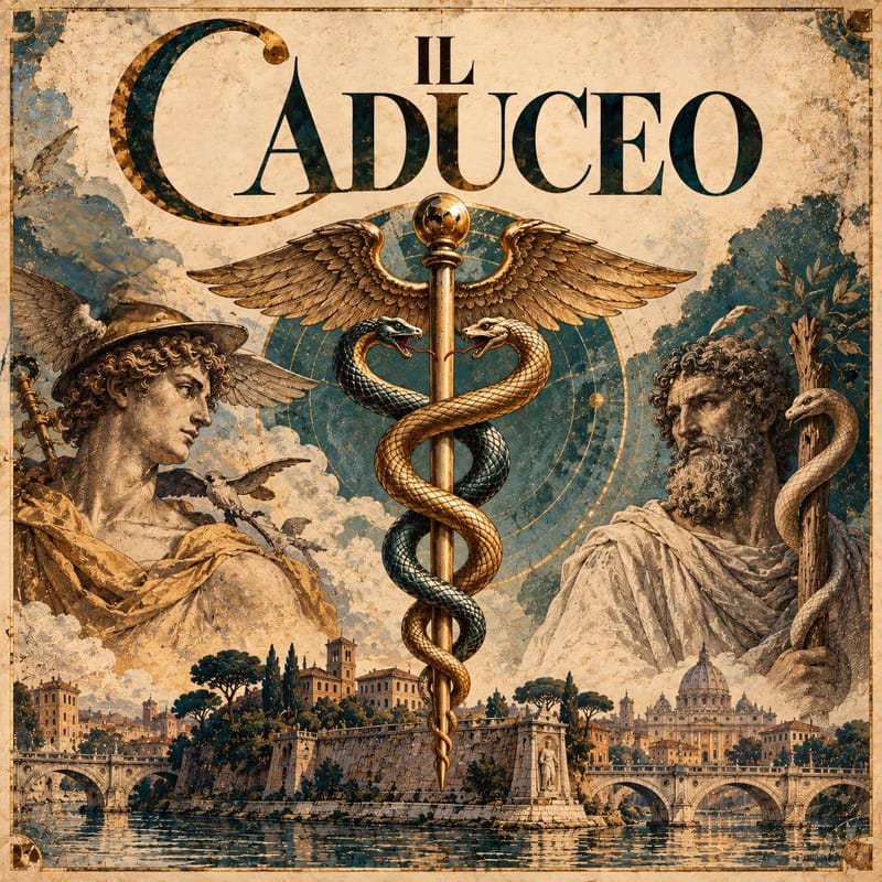Illustrazione in stile affresco: al centro il caduceo dorato, bastone alato con due serpenti; a sinistra Hermes con cappello alato, a destra Asclepio con bastone e serpente; sotto, Roma.