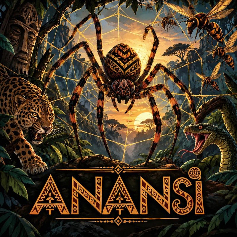 Anansi, il dio ragno della tradizione Ashanti dell'Africa occidentale: ragno gigante sulla tela nella giungla, tra leopardo, serpente e calabroni..