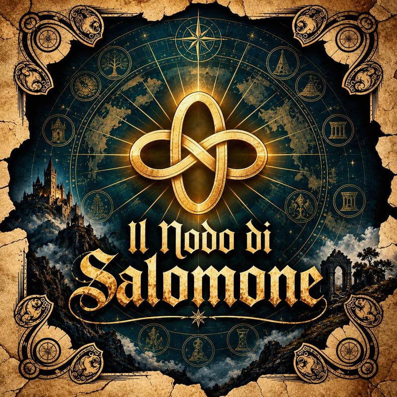 Il Nodo di Salomone, antico simbolo di unione ed eternità: nodo dorato su mappa del mondo con simboli, castello e rovine su pergamena.