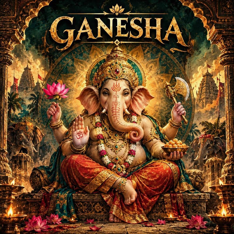 Ganesha, divinità indù della saggezza e dei nuovi inizi: dio con testa di elefante e quattro braccia, seduto in un tempio dorato.