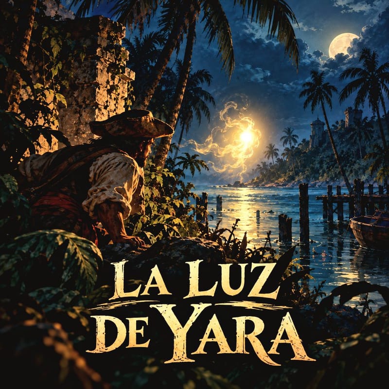 La Luz de Yara, leggenda di Cuba: uomo con cappello tra rovine e vegetazione osserva una luce misteriosa sul mare, con palme e luna piena.