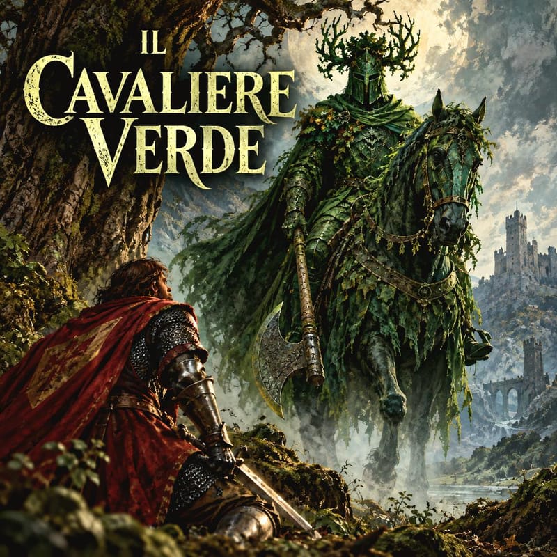 Il Cavaliere Verde, leggenda arturiana di Sir Gawain: figura coperta di foglie a cavallo con l'ascia davanti a un cavaliere inginocchiato.