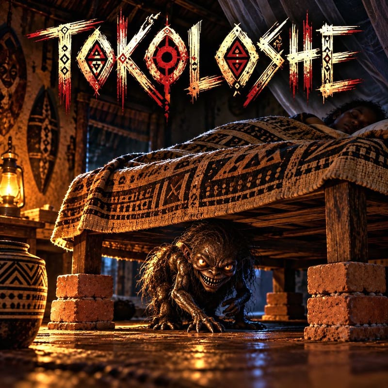 Il Tokoloshe, spirito malevolo del folklore zulu e sudafricano: creatura sotto un letto sollevato su mattoni accanto a una persona che dorme.