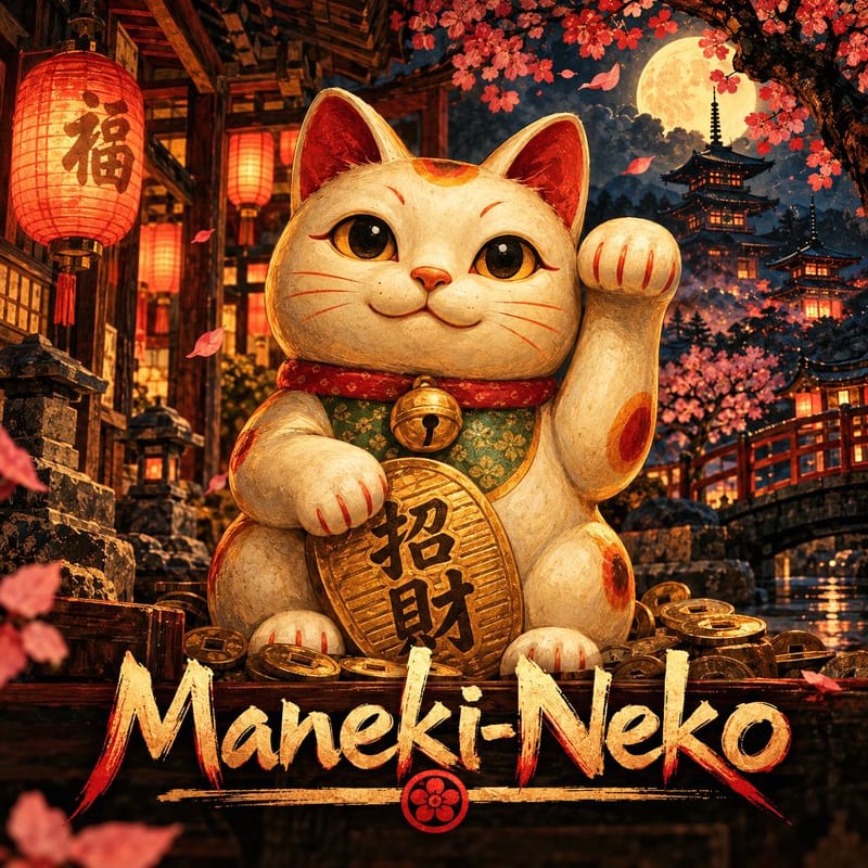 Maneki-Neko, leggenda del gatto che chiama la fortuna in Giappone: gatto bianco con zampa alzata e koban d'oro, tra lanterne e ciliegi in fiore.