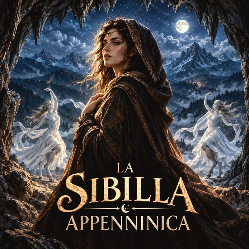 La Sibilla Appenninica, leggenda dei Monti Sibillini: donna con mantello in una grotta, fate danzanti e montagne al chiaro di luna