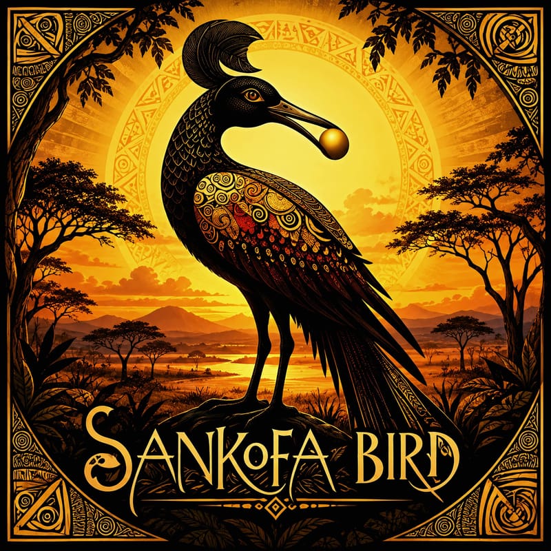 Sankofa Bird, l'uccello della tradizione Akan del Ghana: uccello ornato con un uovo d'oro nel becco, tra acacie e savana al tramonto.