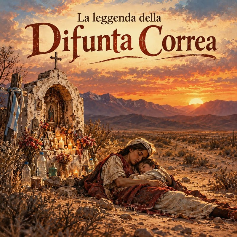 La leggenda della Difunta Correa, santa popolare argentina: madre con il bambino nel deserto di San Juan accanto a un altarino votivo.