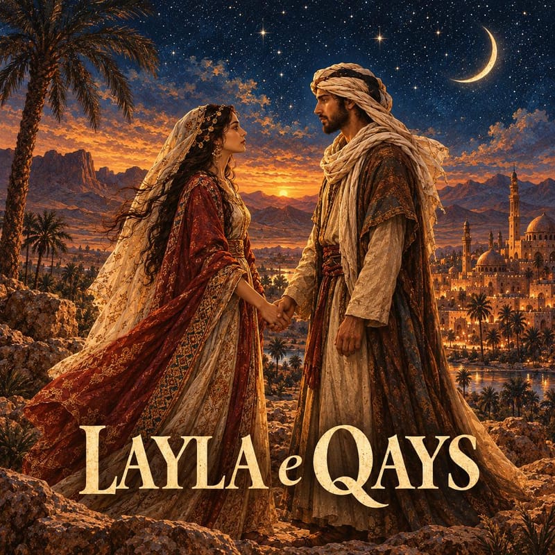 Layla e Qays, leggenda d'amore araba di Majnun e Layla: due innamorati in abiti tradizionali nel deserto, con oasi e città al tramonto.