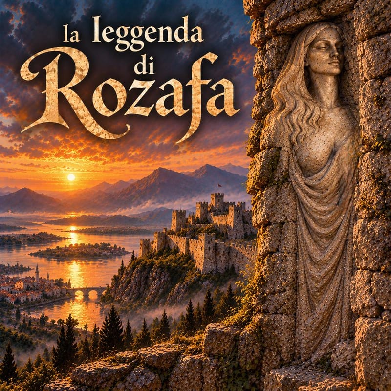 La leggenda di Rozafa, la donna murata del castello di Scutari in Albania: statua nella pietra, fortezza e lago al tramonto.