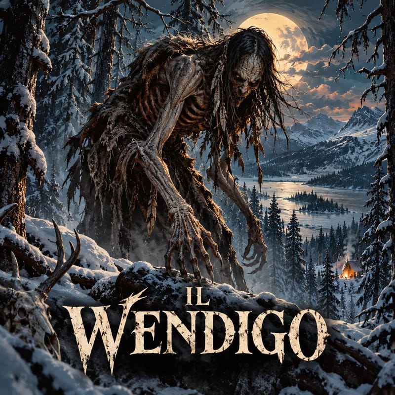 Il Wendigo, spirito cannibale del folklore algonchino: creatura scheletrica tra foreste innevate, lago ghiacciato e luna piena.