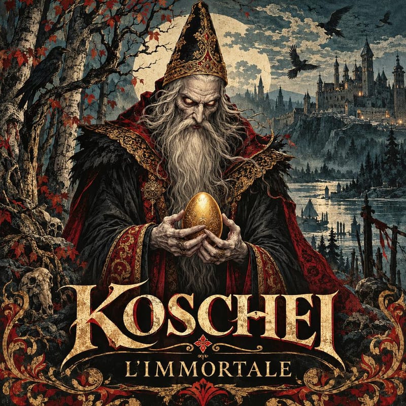 Koschei l'Immortale, il mago della tradizione slava: vecchio con barba e mantello rosso e oro che regge l'uovo, tra corvi e castello.