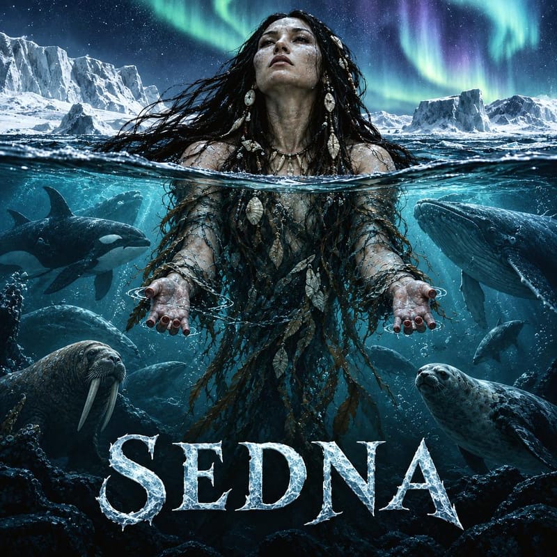 Sedna, la dea inuit del mare e degli animali marini: donna che emerge dalle acque artiche tra iceberg, aurora boreale, orca e tricheco.