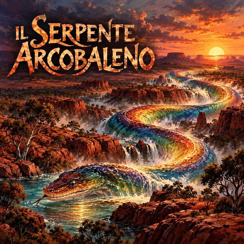 Il Serpente Arcobaleno aborigeno che si snoda tra fiumi e cascate nell'outback australiano al tramonto.