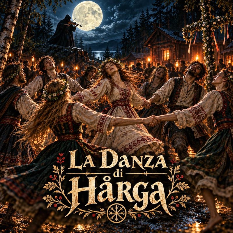 La Danza di Hårga: giovani in cerchio con corone di fiori ballano di notte, mentre un violinista incappucciato suona sulla roccia.