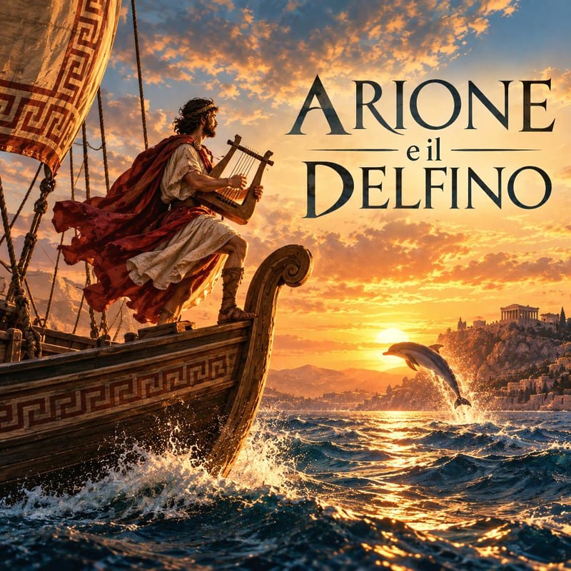 Illustrazione di Arione, poeta greco con cetra e mantello rosso, sulla prua di una nave antica al tramonto; un delfino salta tra le onde e sullo sfondo un tempio su una collina.