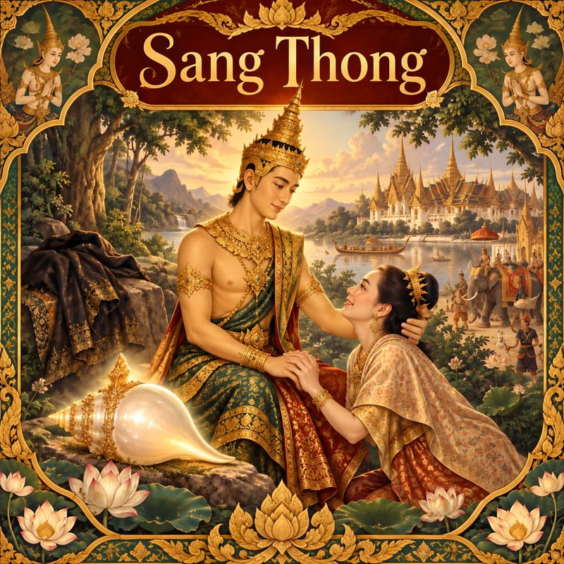 Illustrazione in stile tradizionale thailandese: il principe Sang Thong, con corona dorata, siede accanto a una conchiglia luminosa e a una donna in ginocchio, tra fiori di loto e un palazzo.